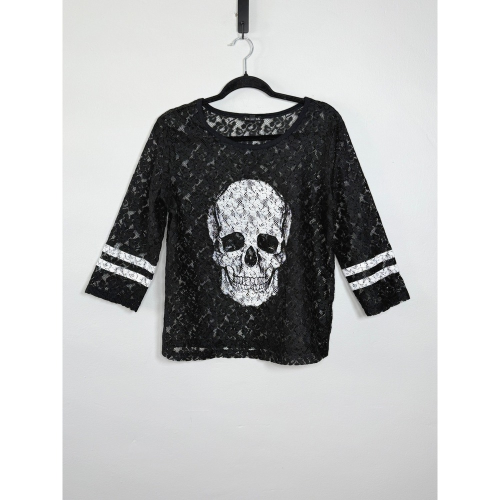 Express Lace Top Women M Black Goth Edgy Skull Graphic Varsity Stripe 3/4 Sleeve